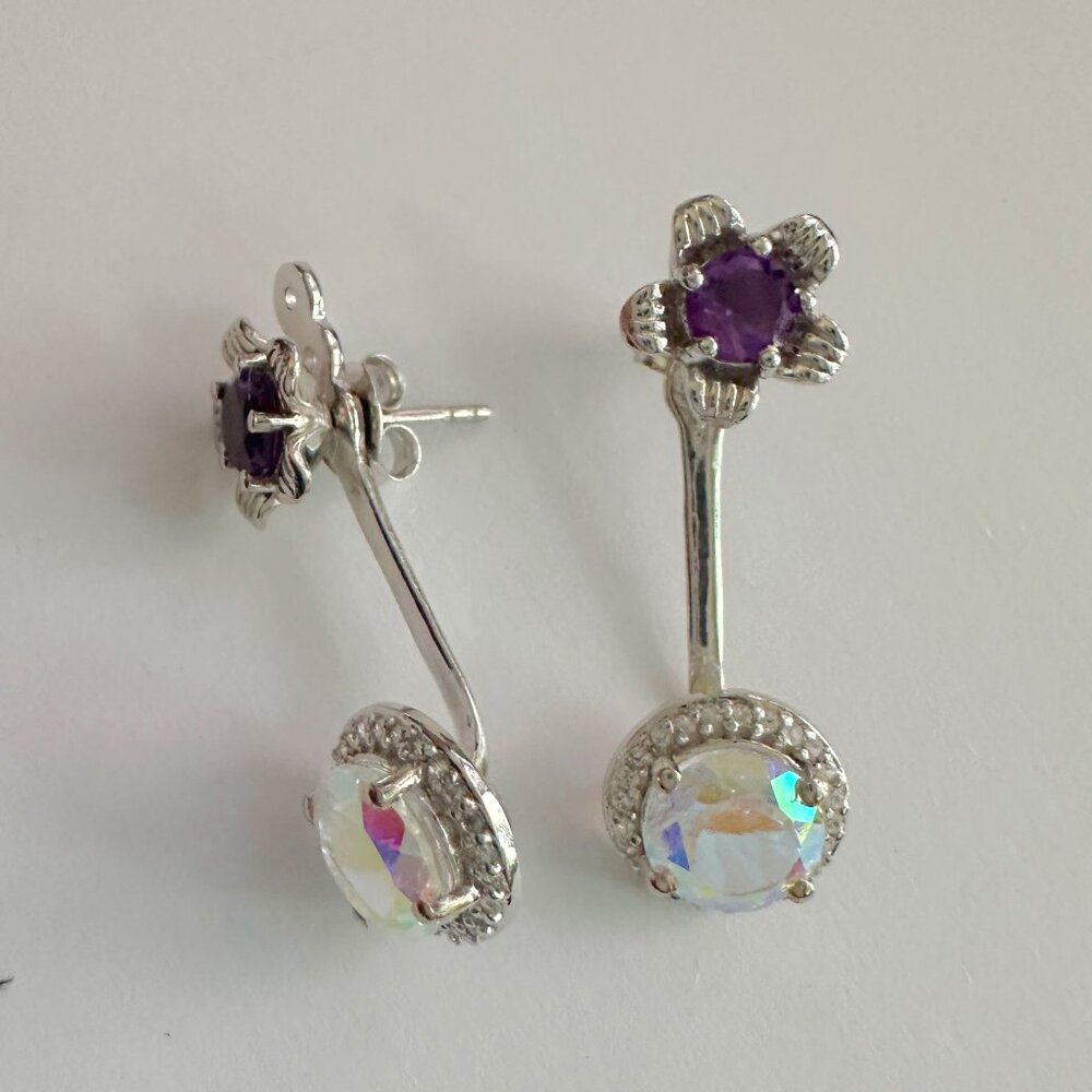 Amethyst Flower Stud Earrings with Beautiul (Removable) Rainbow Topaz Dangles - Picture 16 of 16